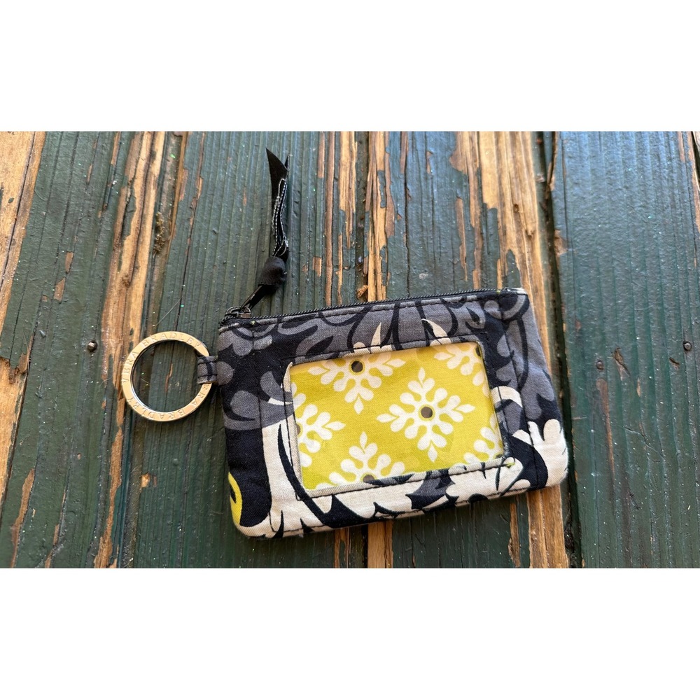 Vera Bradley Zip ID Case Wallet Keychain Floral Yellow Grey Black Floral
